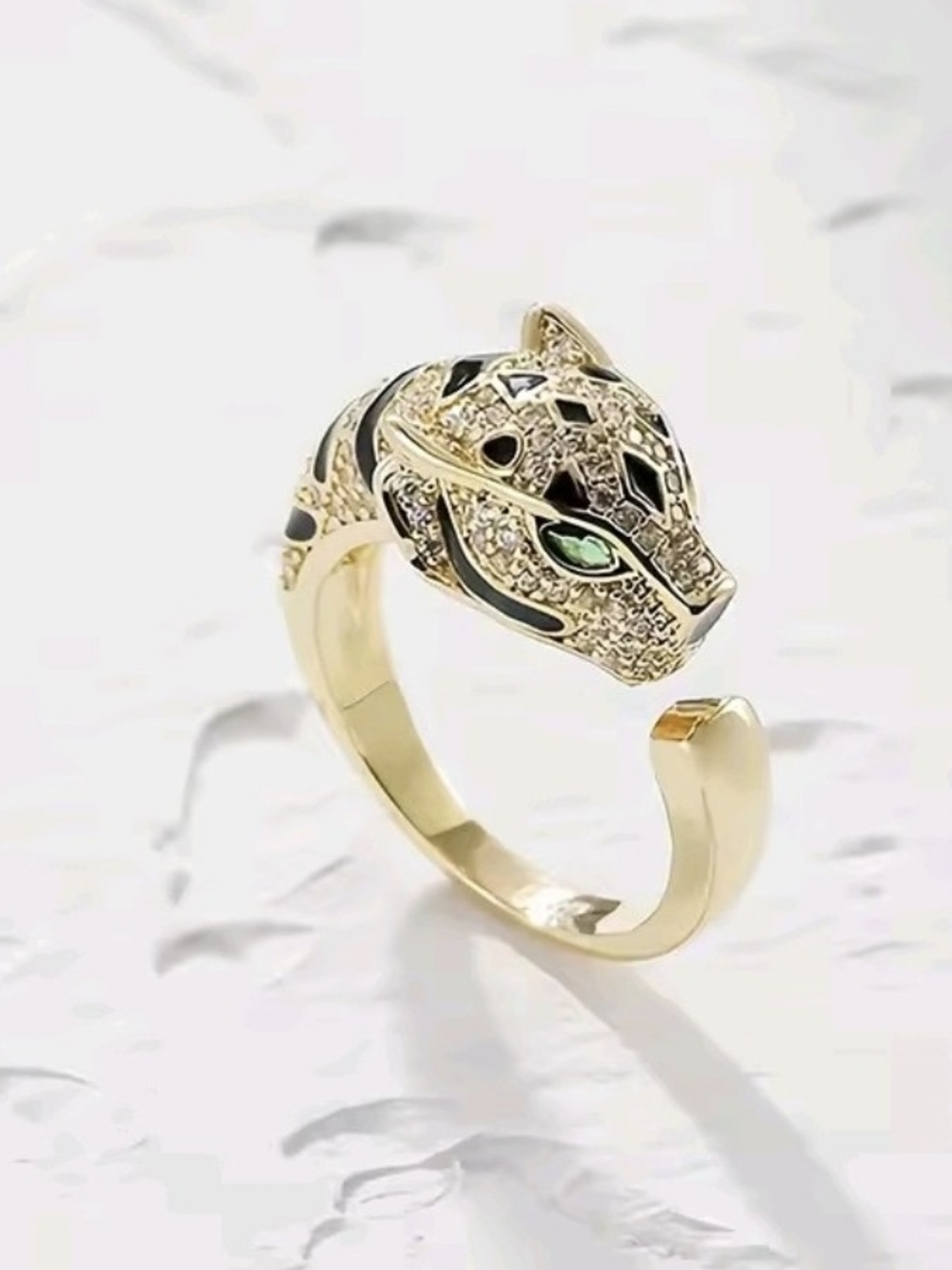 Gold Panther Head Open Ring with Black Accents and Green Eyes